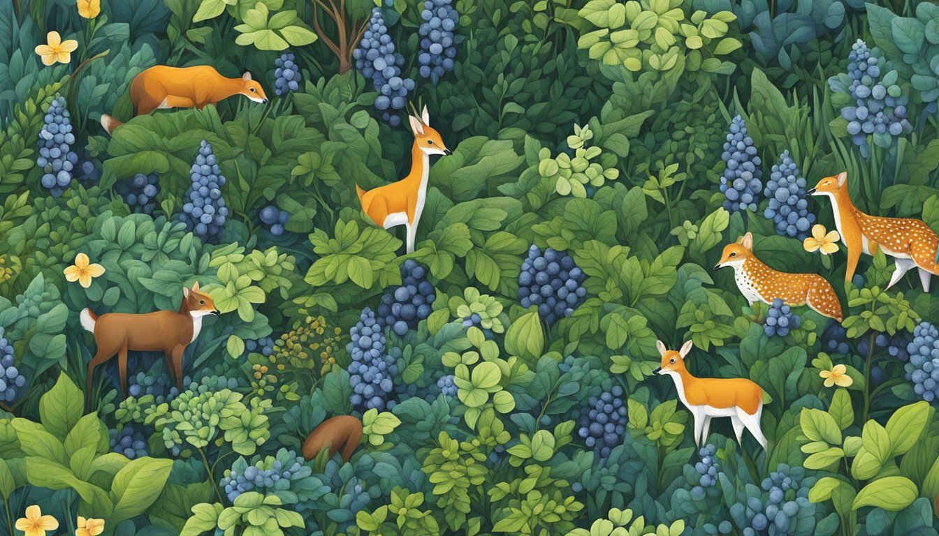 A lush forest floor with scattered wild blueberry bushes being gently foraged, surrounded by diverse plant and animal life