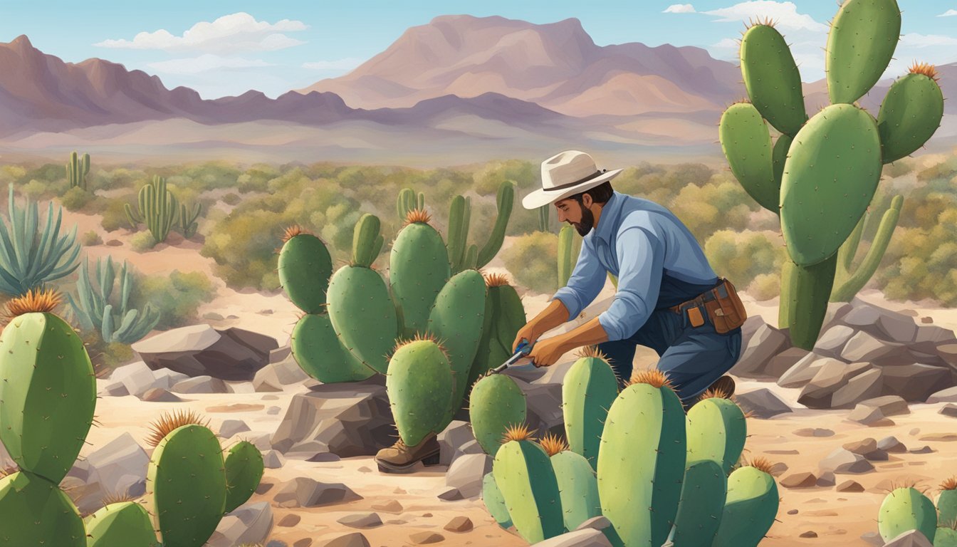 A desert landscape with a prickly pear cactus surrounded by rocky terrain, with a person using a tool to carefully harvest a cactus pad