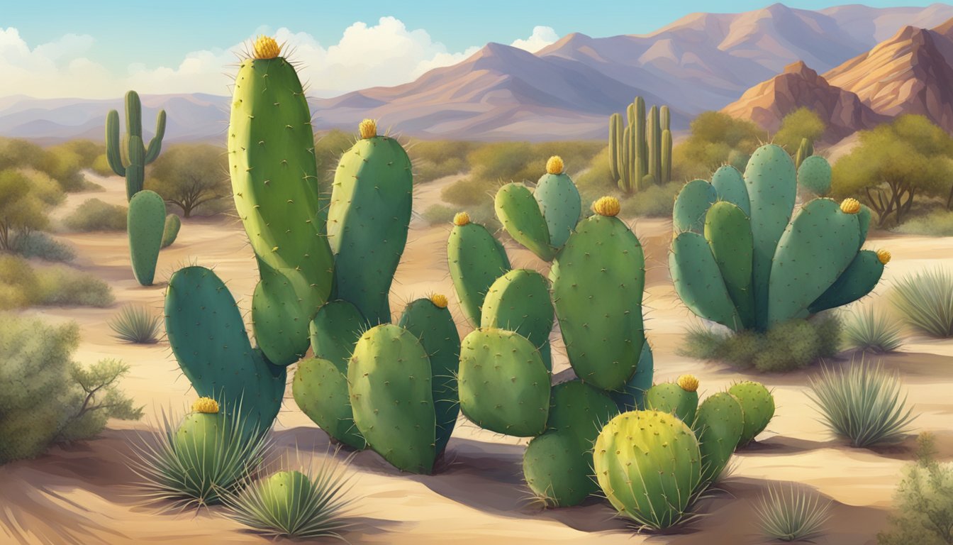 A desert landscape with prickly pear cacti, showing the careful and respectful harvesting of cactus pads