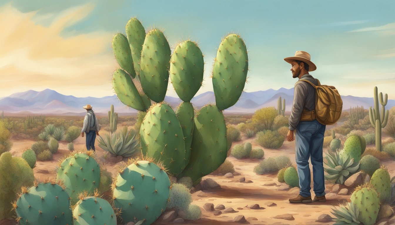 A figure gathers prickly pear cactus pads in a desert landscape, surrounded by other edible wild plants