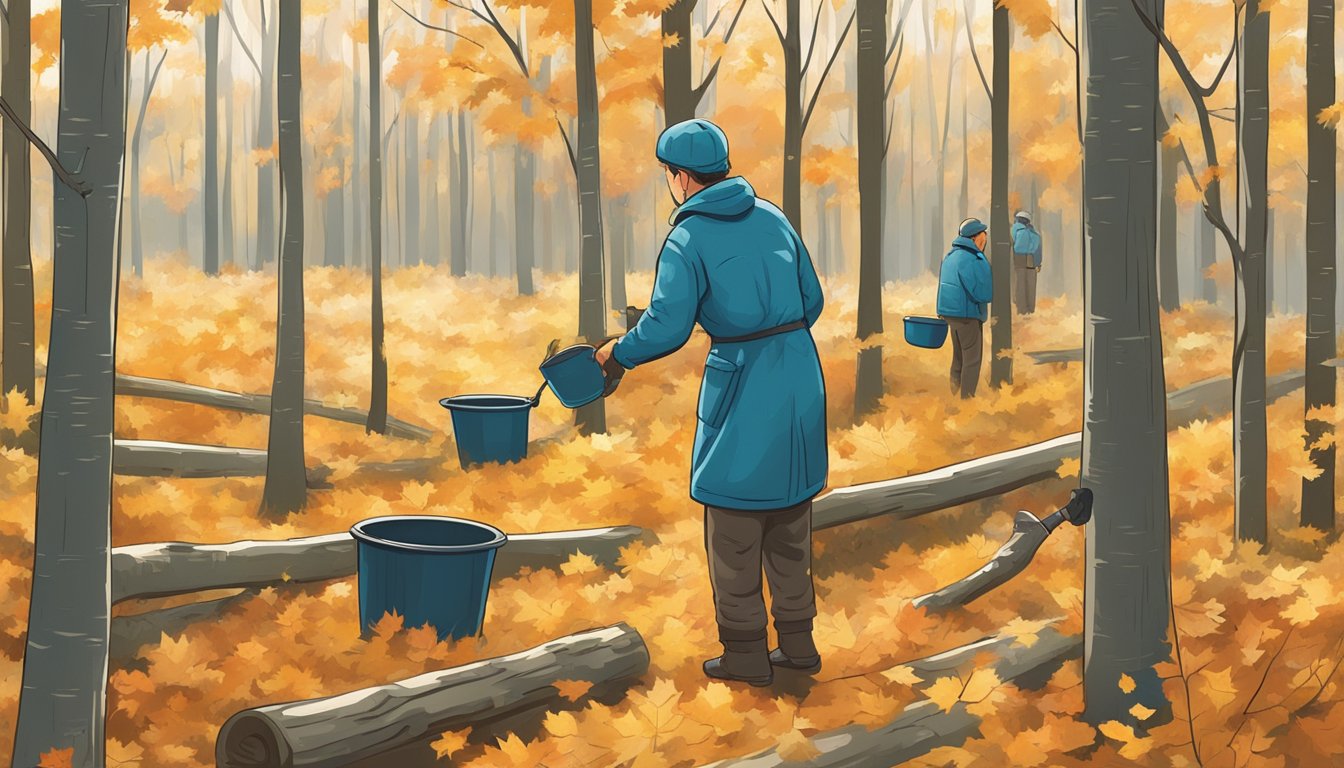 A person inspecting and collecting ripe maple sap from trees in a forest