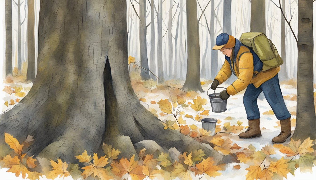 A person collects sap from a maple tree, using a small bucket and a spile to tap into the tree's trunk. The tree stands in a forest clearing, surrounded by other trees and underbrush