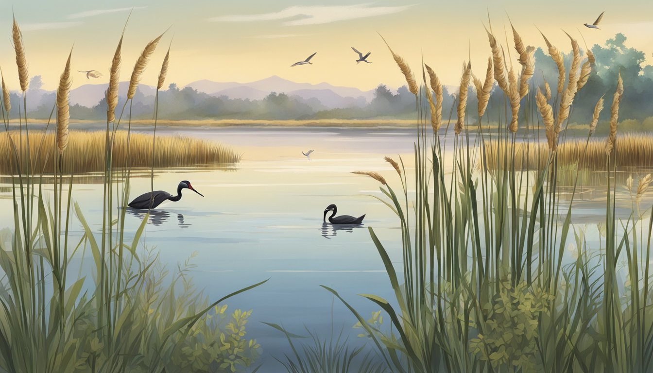 Bulrushes swaying in a marsh, with animals foraging and birds perched on the tall, slender stems