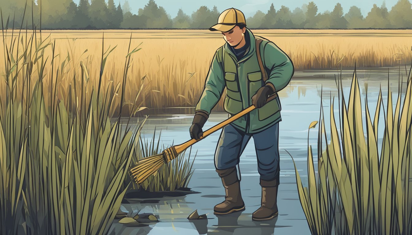 A person carefully collects bulrushes from a marshy area, wearing protective gloves and using a sharp tool. Nearby, a sign warns of potential hazards