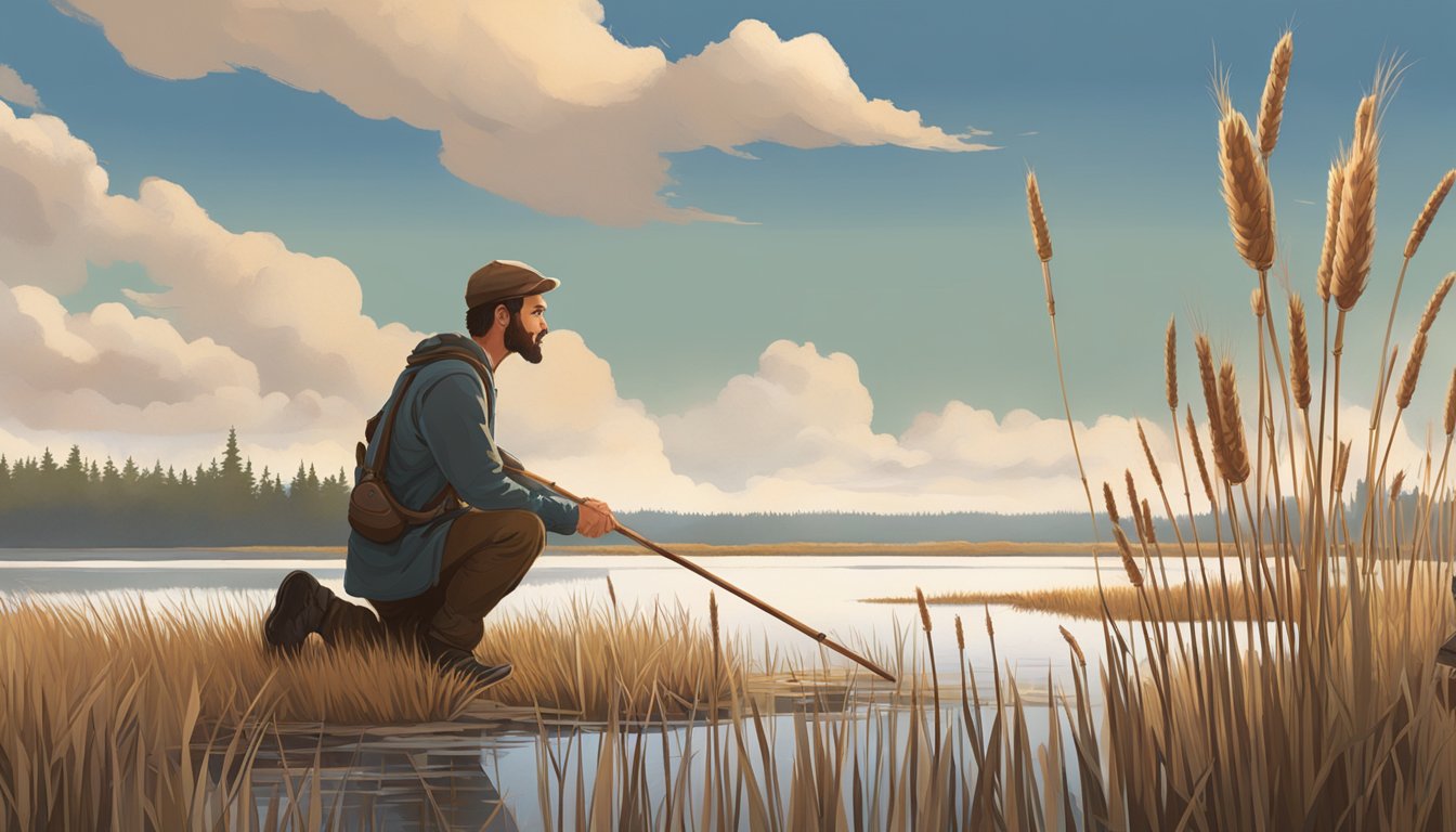 A figure kneels by a marsh, pulling cattail roots from the muddy ground. Surrounding cattails stand tall, their distinctive brown spikes reaching towards the sky