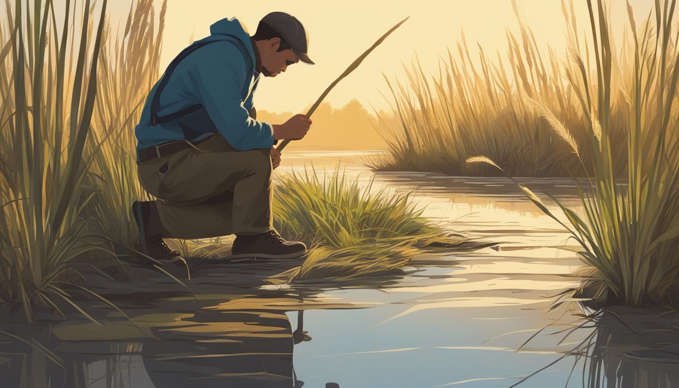 A person kneeling by a marsh, pulling cattail roots from the mud. The sun shines through the reeds, casting dappled light on the scene