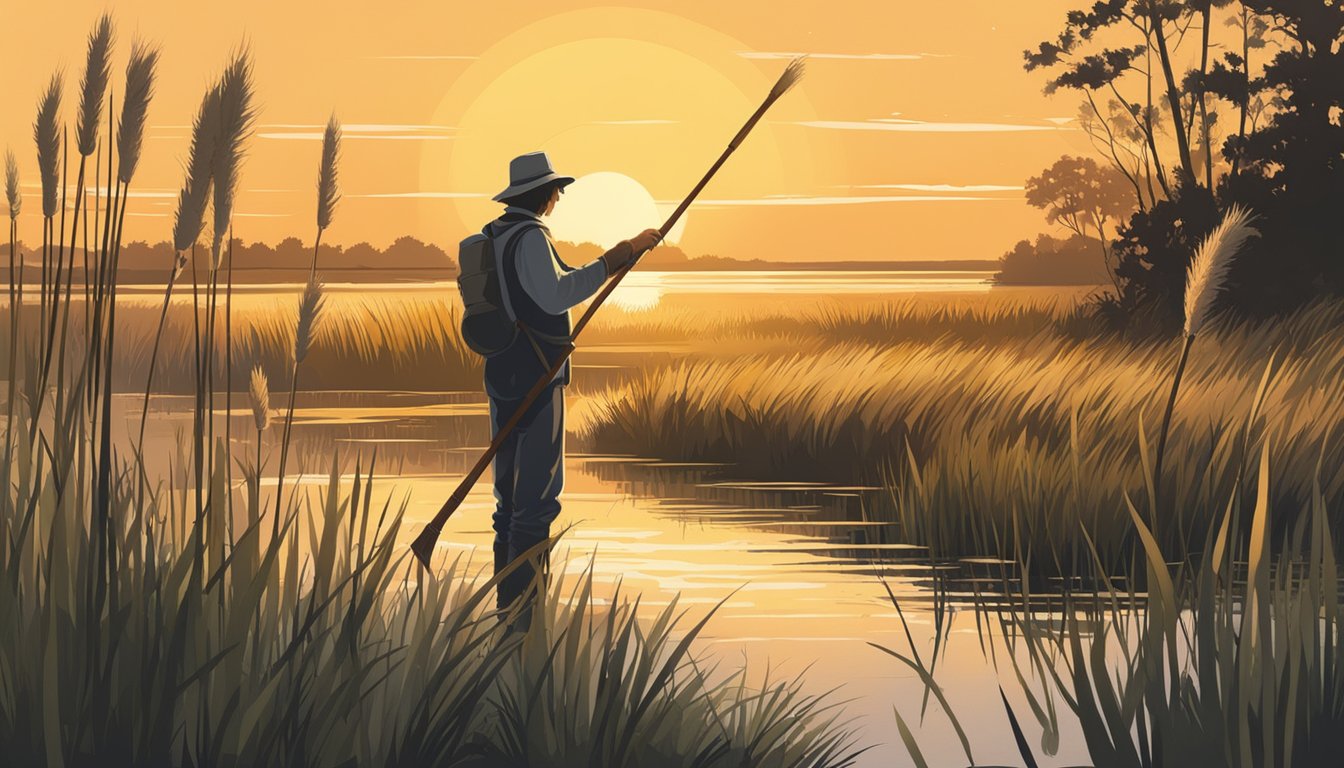 A figure bends over a marsh, carefully gathering wild bulrushes with a long-handled tool. The sun casts a warm glow over the tranquil scene