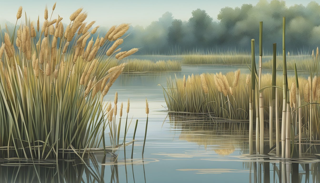 Bulrushes being gathered and processed by a water's edge