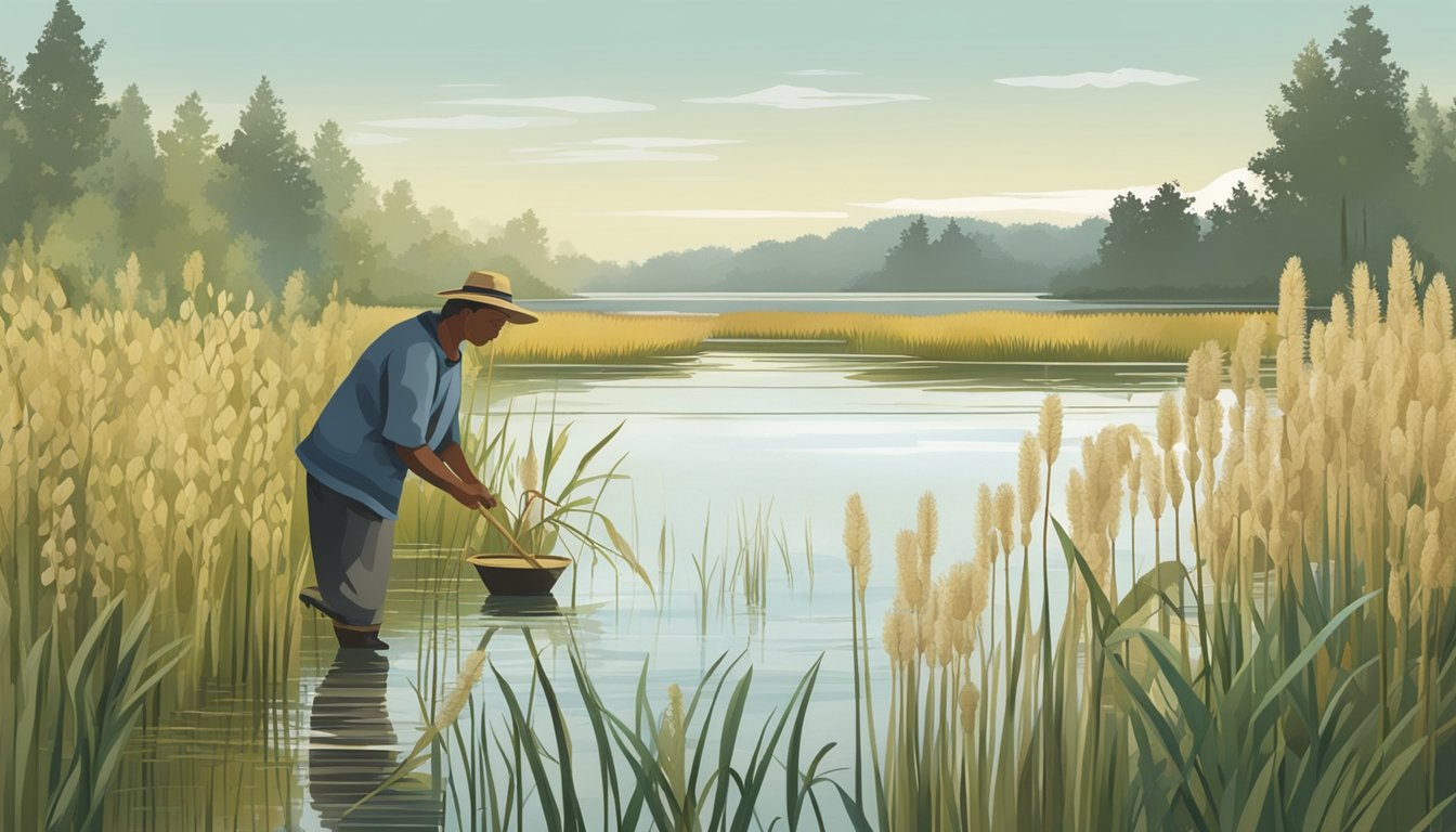 A figure gathers bulrushes in a marsh, surrounded by tall grasses and water. The bulrushes are being collected for their nutritional and medicinal properties