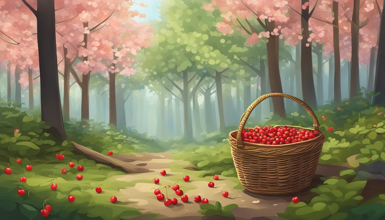 A forest floor with wild cherry trees, scattered fallen cherries, and a foraging basket