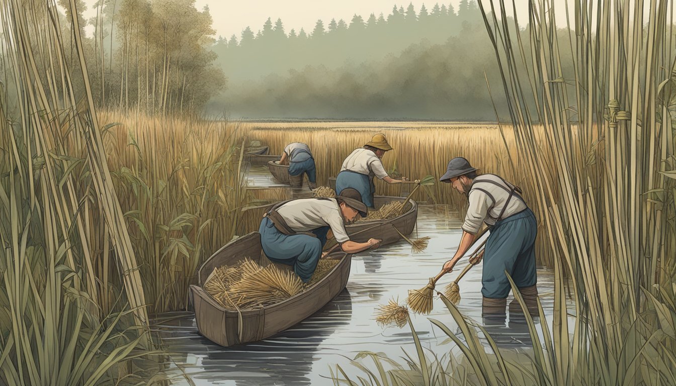 Bulrushes being foraged and harvested in a bushcraft setting