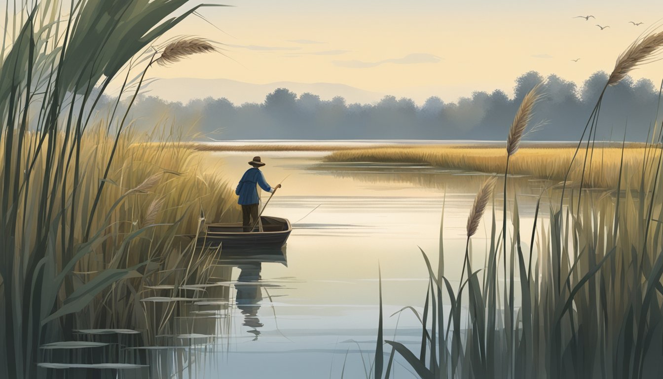 A tranquil marsh with bulrushes swaying in the breeze, some being harvested by a figure in the distance