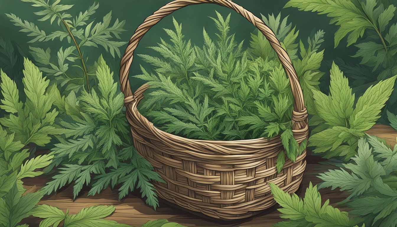 Mugwort being hand-picked from a lush forest floor, with a basket of freshly gathered leaves and stems