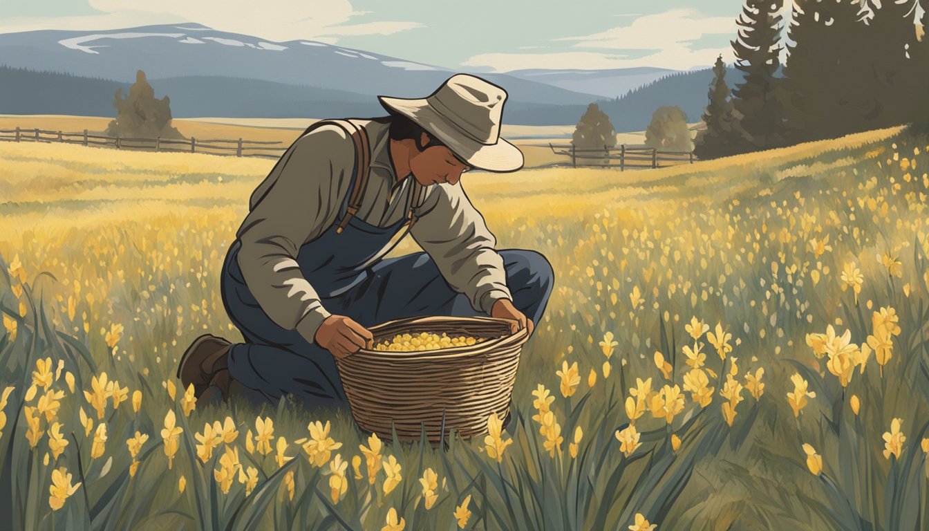 A figure crouches in a field, gathering wild camas bulbs into a woven basket. A fire crackles nearby as they prepare to cook and consume their foraged harvest