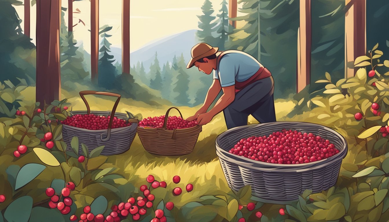 A person picking wild cranberries in a forest clearing, with baskets of berries and tools for harvesting and preservation nearby