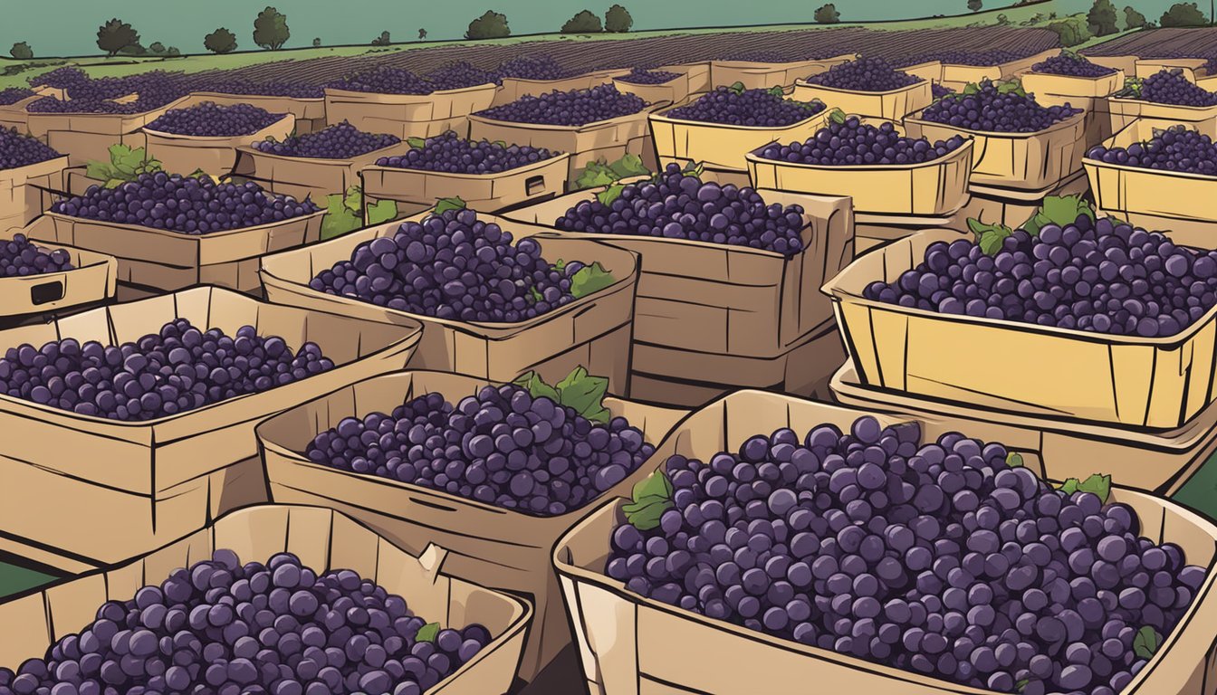 Muscadine grapes being carefully picked and sorted into baskets after harvest