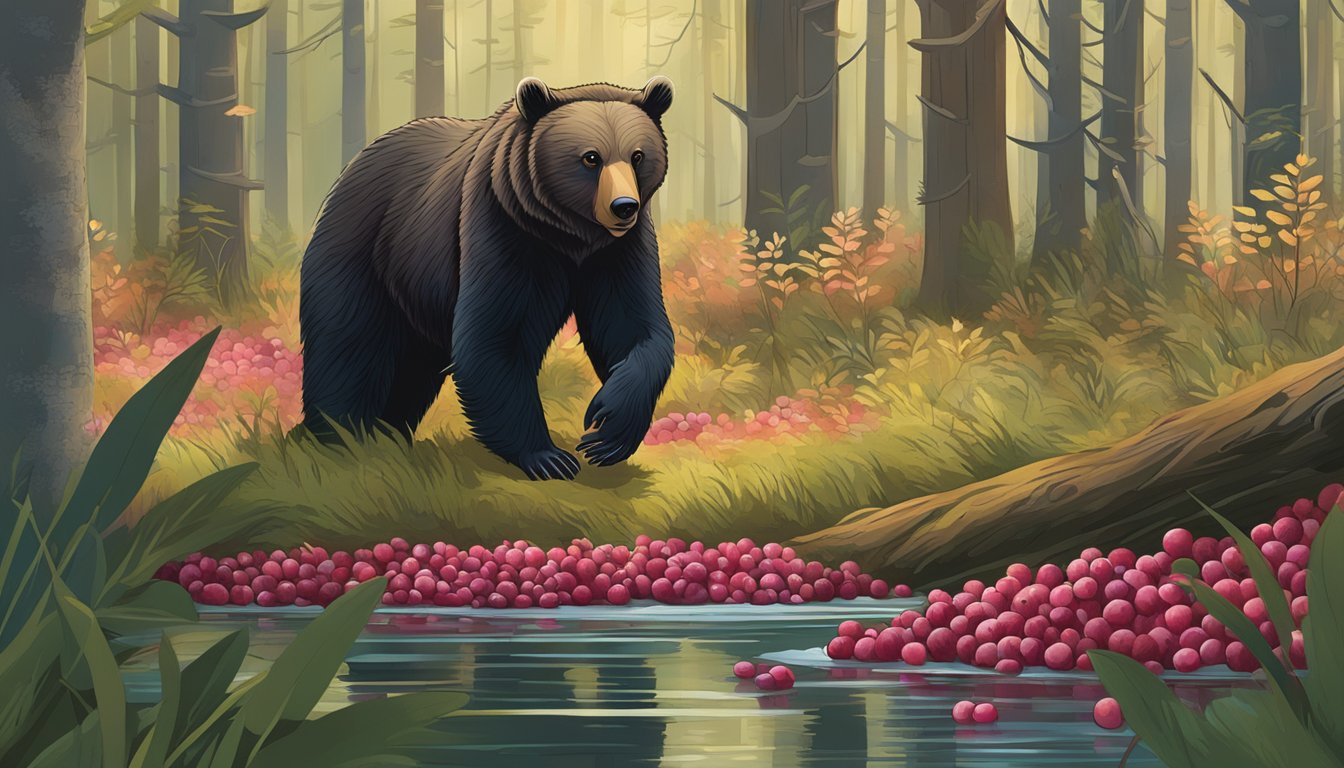 A bear foraging and harvesting wild cranberries in a lush, marshy wetland surrounded by tall, dense trees