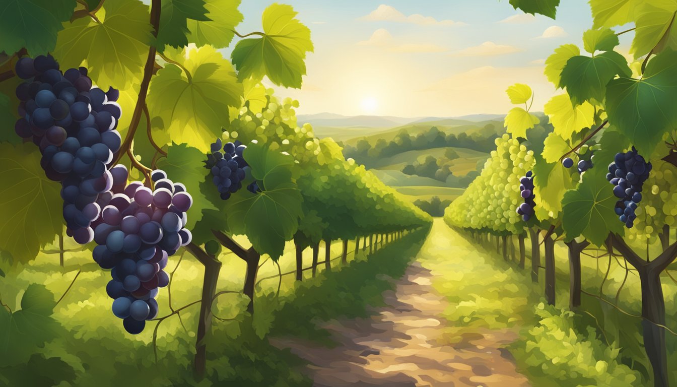 A lush vineyard with ripe muscadine grapes hanging from the vines, surrounded by green foliage and dappled sunlight