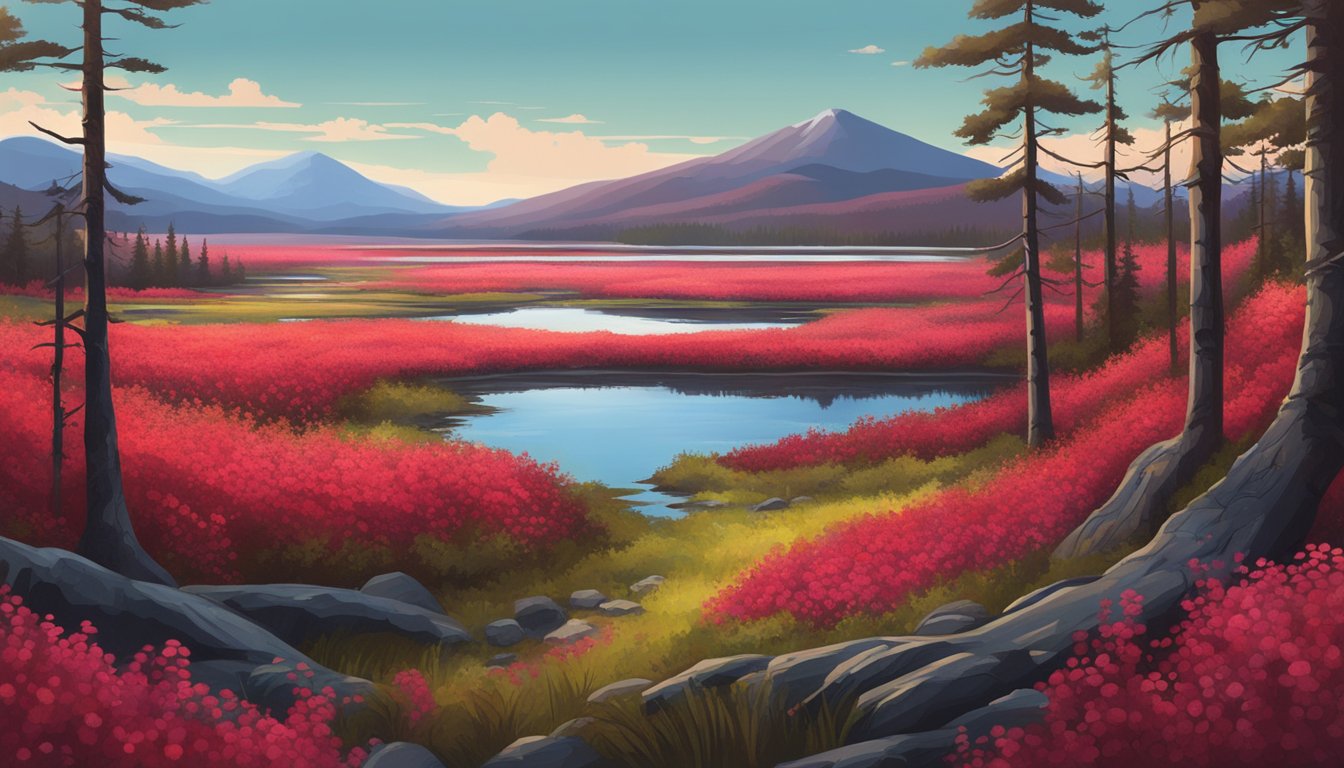 A lush bog with vibrant red cranberry vines stretching across the landscape, surrounded by forests and mountains in the distance