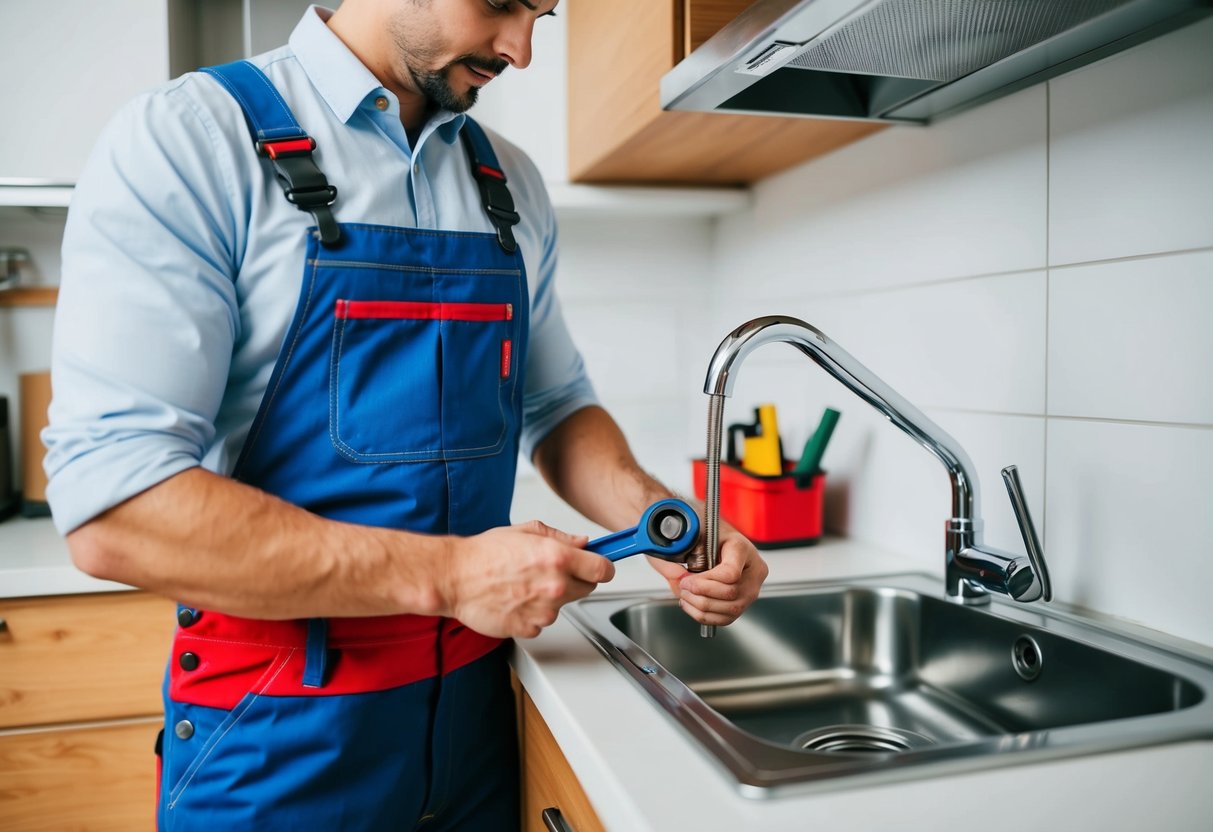 A plumber in overalls holding a wrench, standing next to a toolbox and examining a pipe under a sink in a modern kitchen