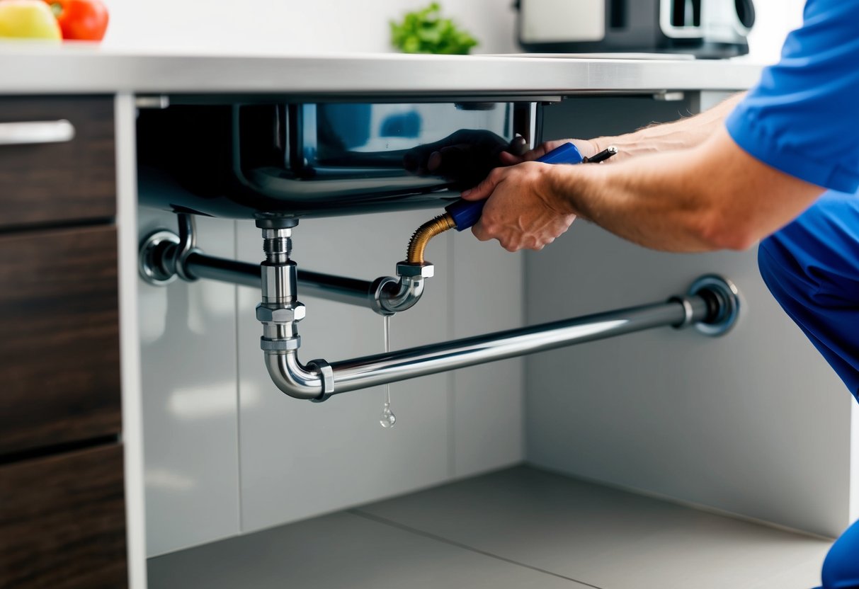 A plumber fixing a leaky pipe under a sink in a modern kitchen