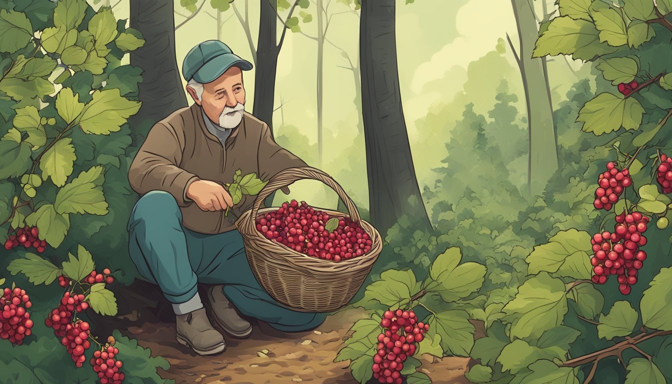 A person gathering wild currants in a forest, carefully plucking the ripe fruit from the bushes and placing them in a basket