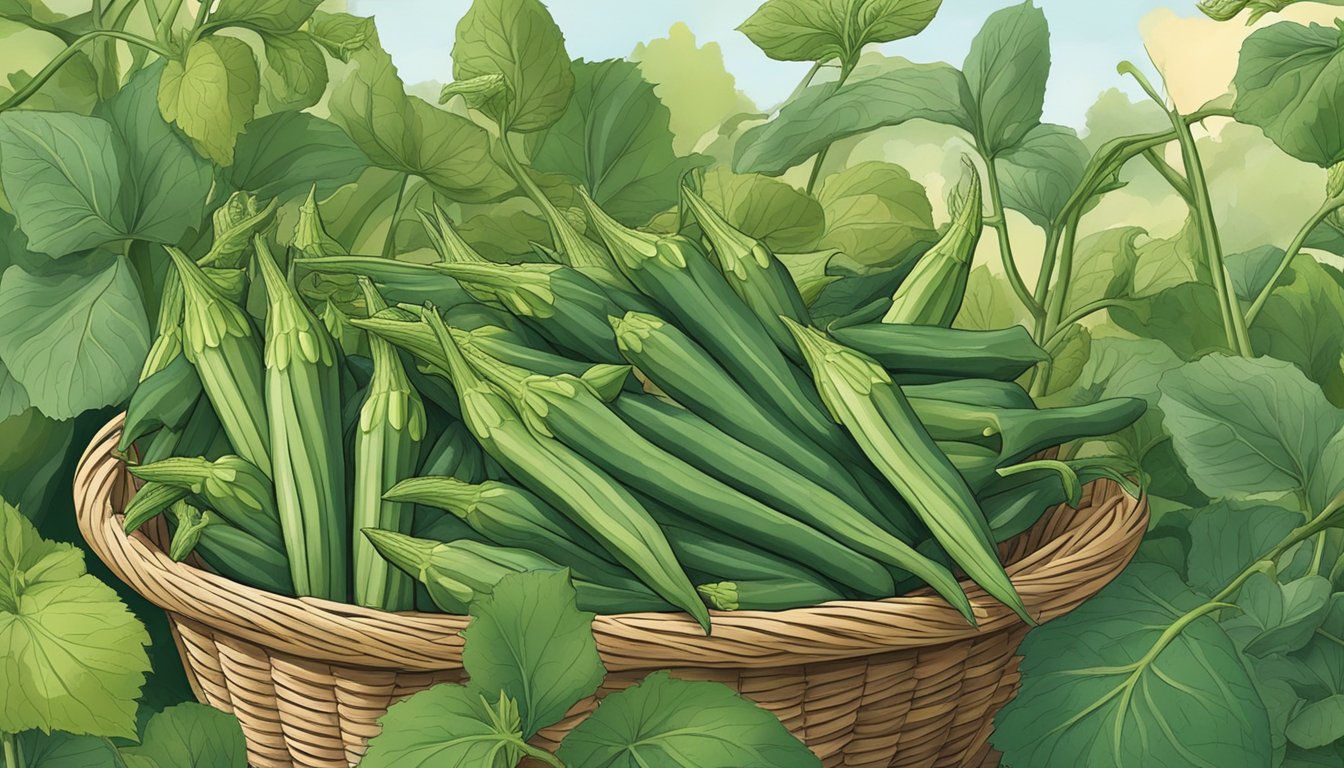 Okra plants being harvested in a lush garden, with ripe pods being plucked and gathered into a basket