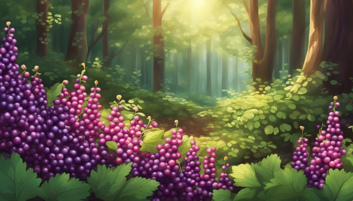 A lush forest floor with wild currant bushes, ripe red and purple berries glistening in the sunlight