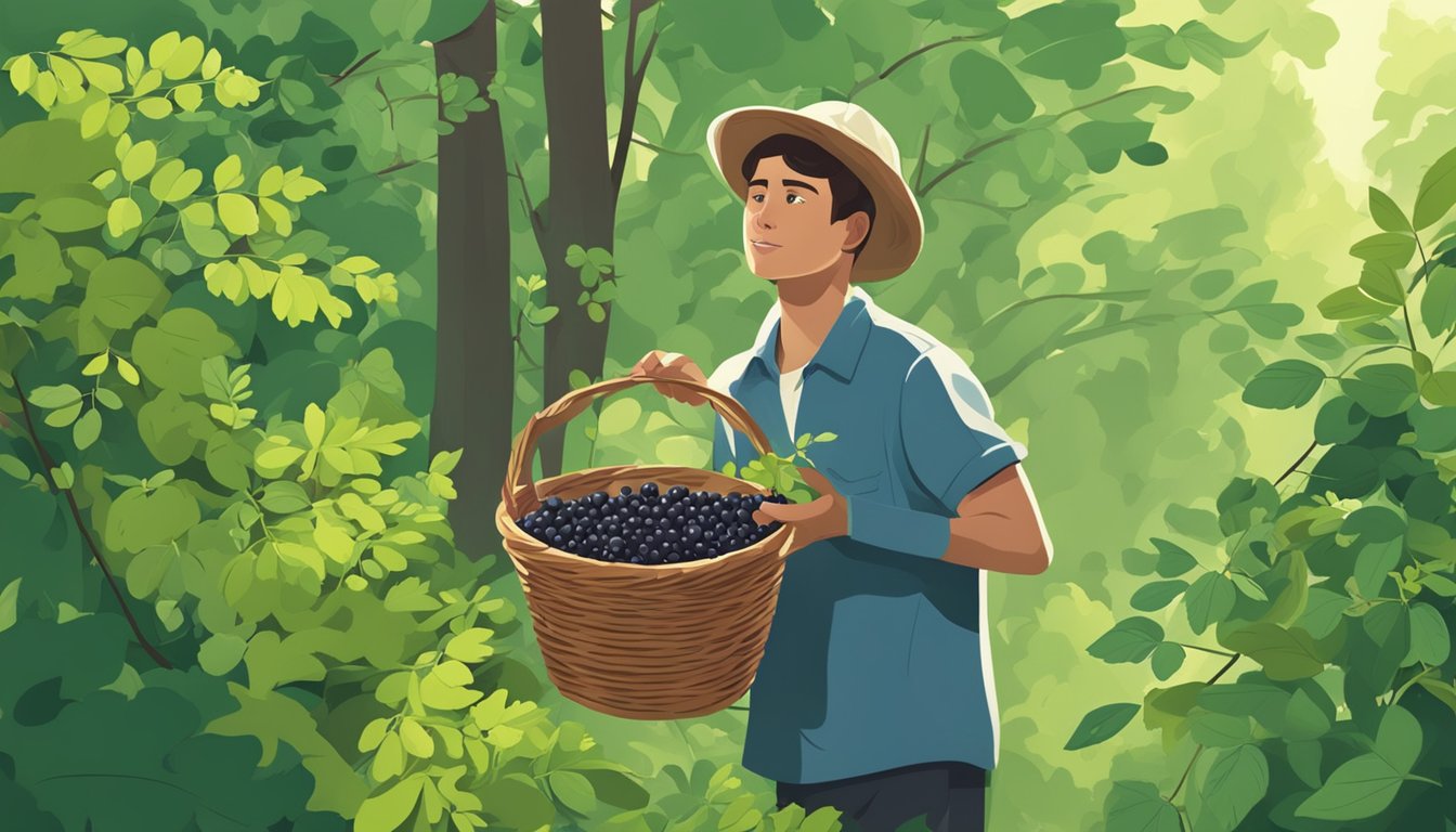 A person gathering wild currants in a lush forest, surrounded by greenery and small bushes. The currants are being carefully picked and collected into a basket