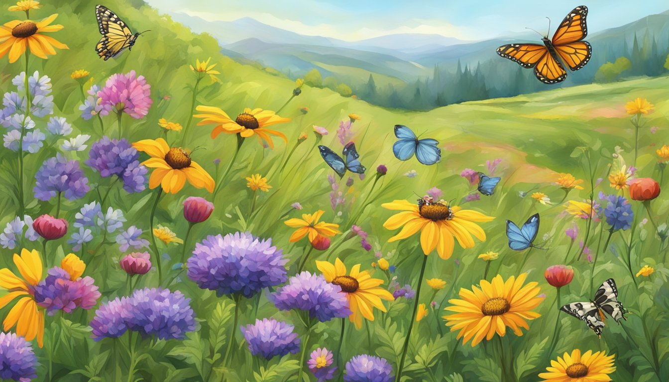 A variety of colorful wildflowers being carefully harvested by bees and butterflies in a lush, green meadow