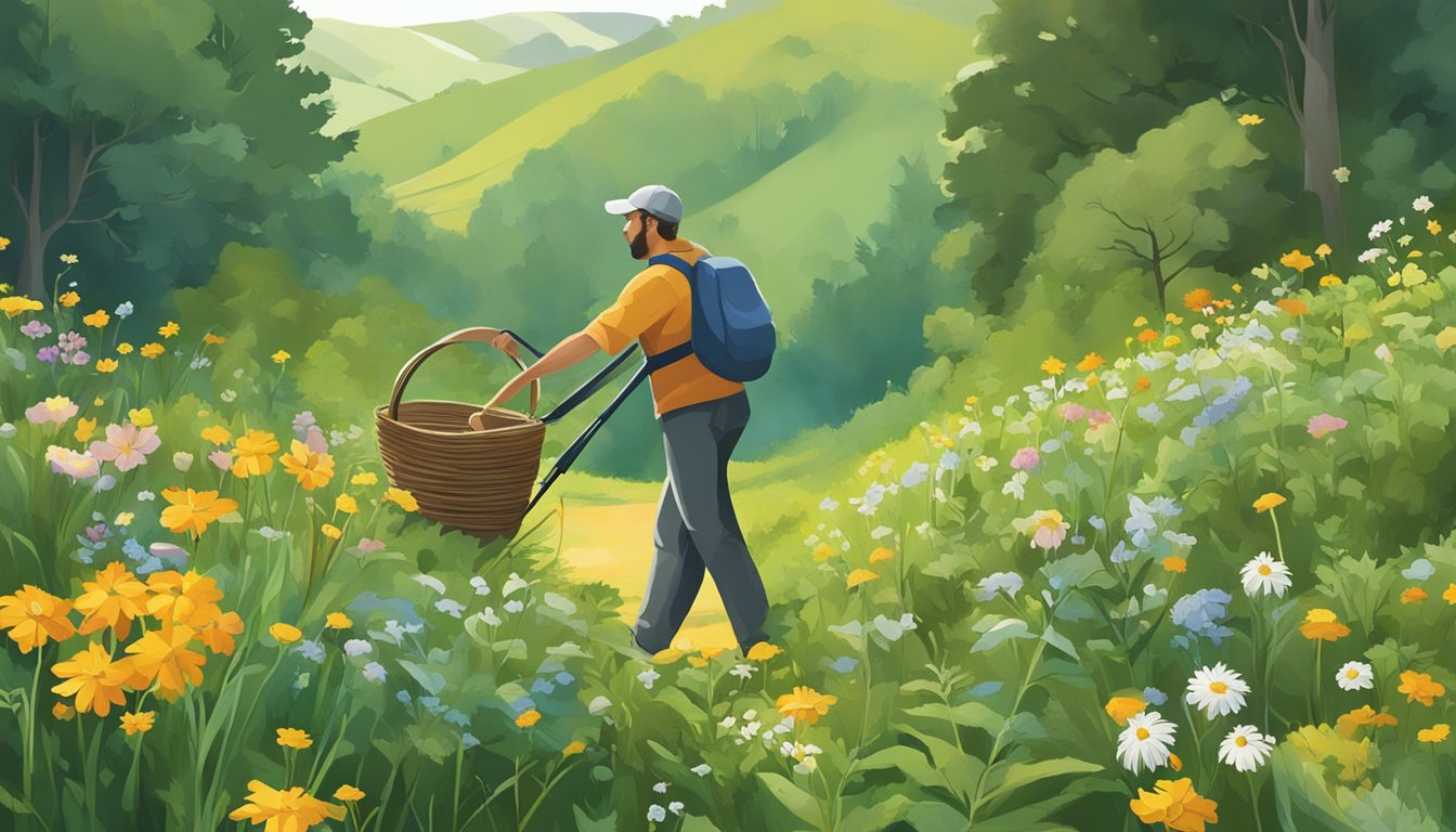 A figure collects wild flowers using various harvesting tools in a lush, natural setting