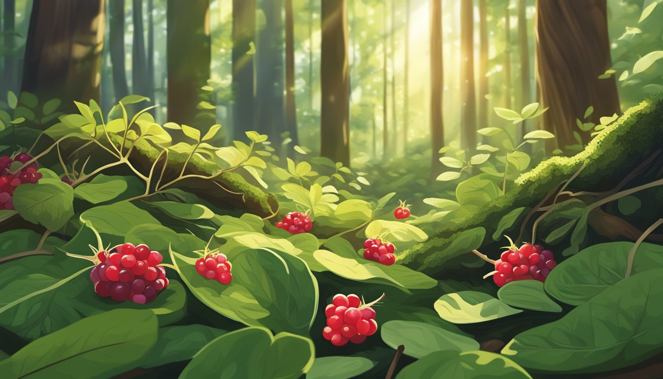 A forest floor with scattered partridgeberries, surrounded by lush green foliage and dappled sunlight filtering through the trees