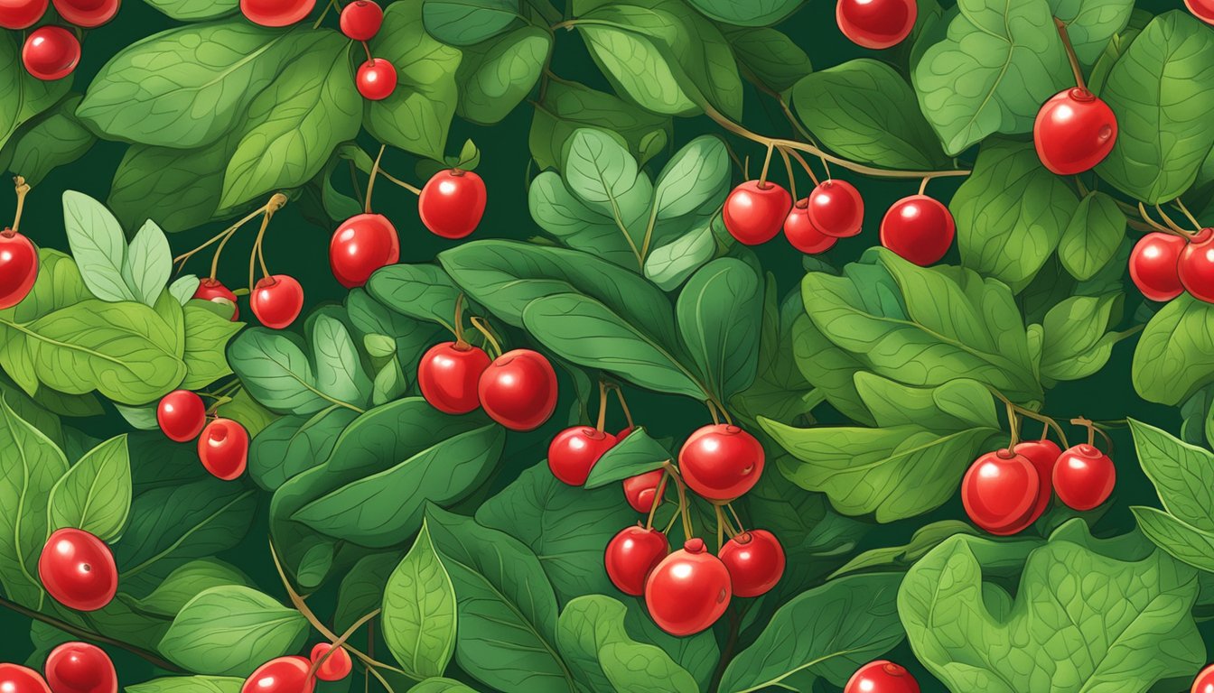 A lush forest floor with vibrant red partridgeberries nestled among green foliage, showcasing their nutritional content and benefits