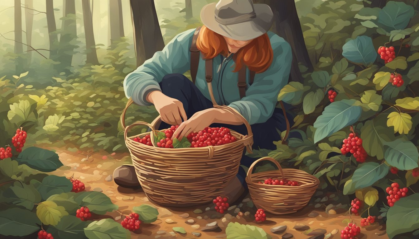 A figure gently plucks ripe partridgeberries from the forest floor, carefully collecting them in a woven basket