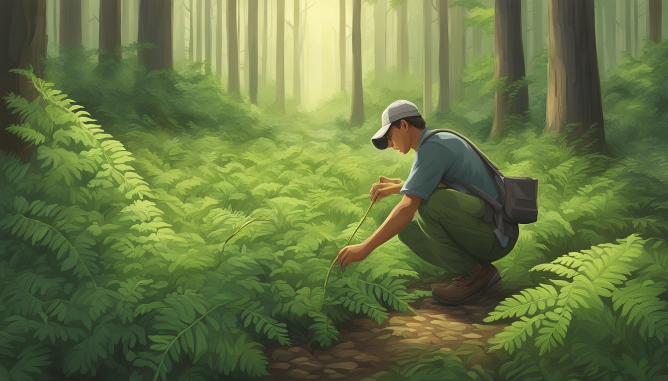 A figure gently gathers wild fern shoots in a lush forest clearing, using careful harvesting techniques