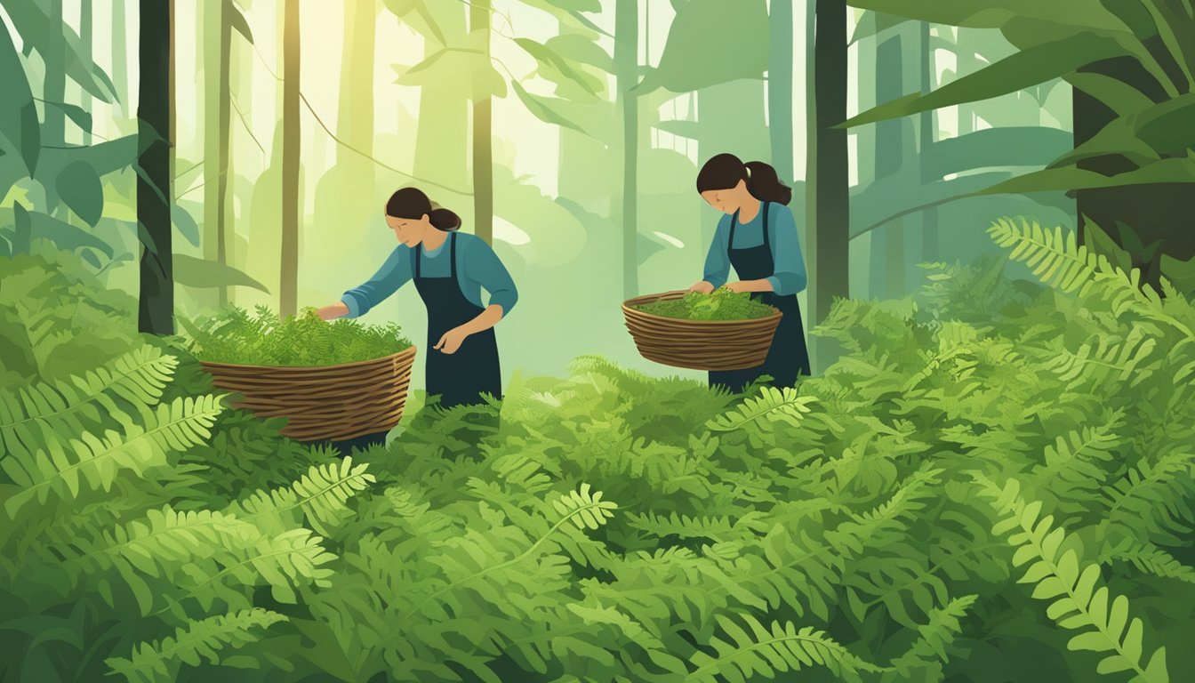 Wild fern shoots being carefully gathered and sorted into baskets by skilled foragers in a lush forest clearing