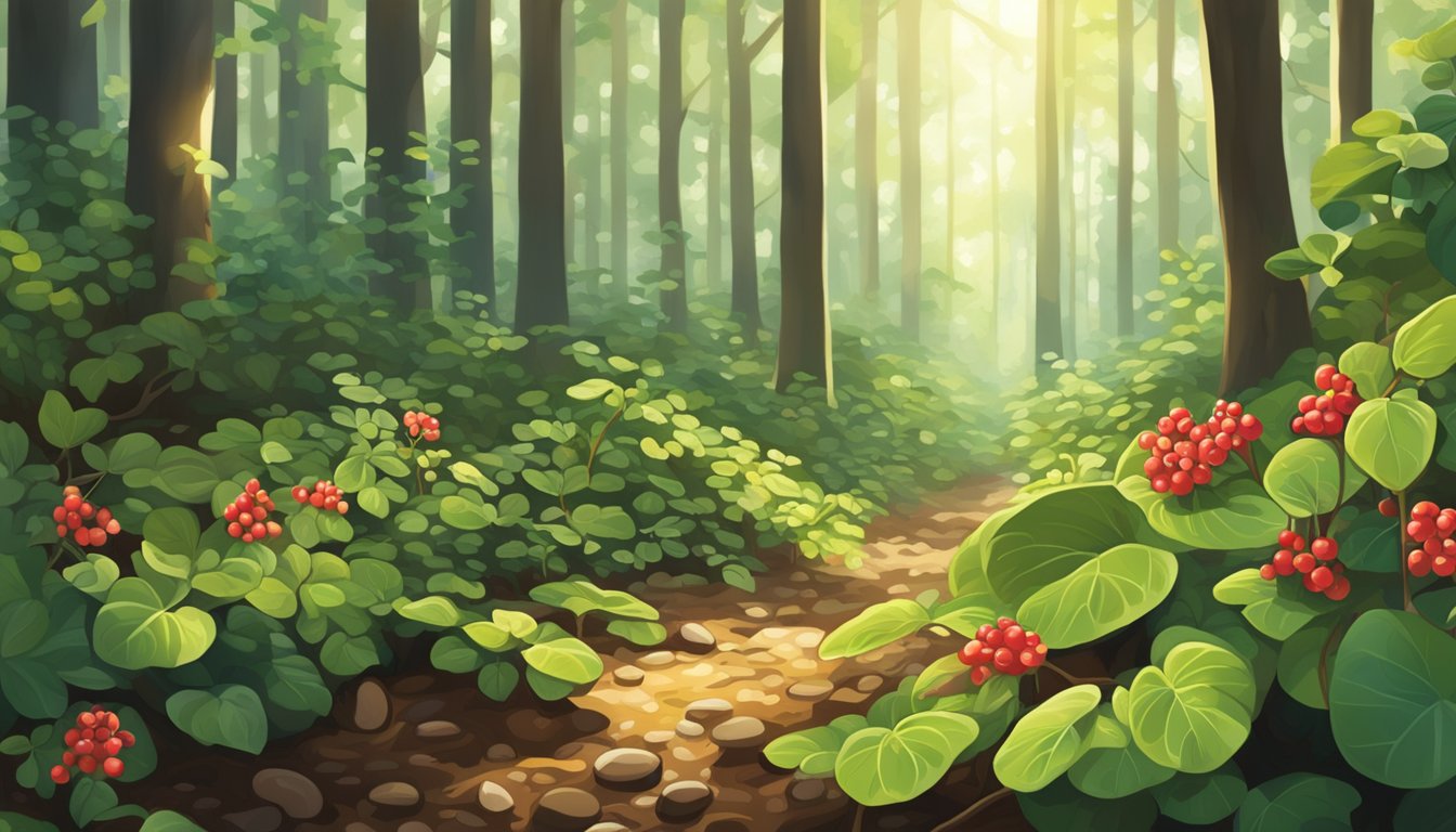 A forest floor with partridgeberry plants, surrounded by trees and dappled sunlight