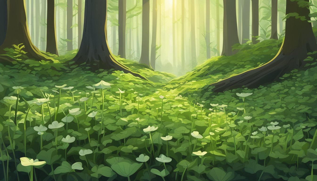 A lush forest floor with vibrant green wild garlic sprouting among fallen leaves and moss. Sunlight filters through the canopy, highlighting the abundance of the foraged plant