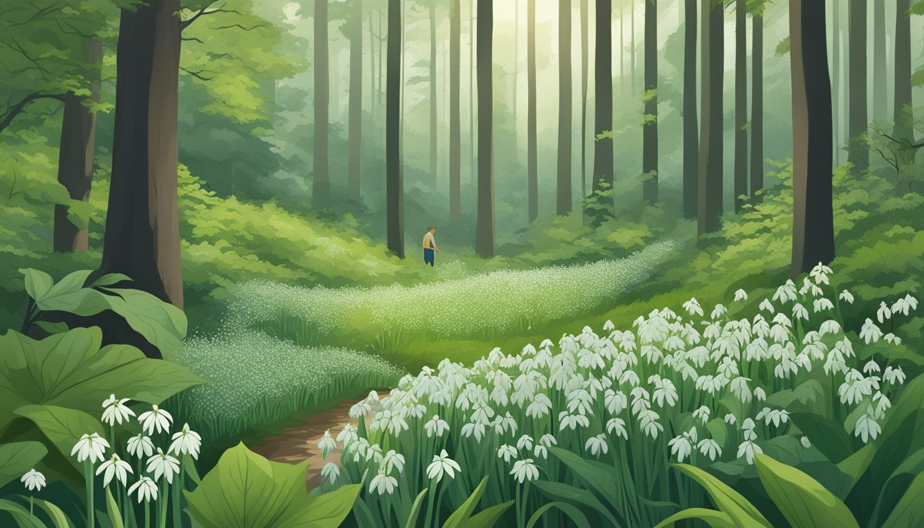 Wild garlic being gathered in a lush forest clearing, surrounded by folklore symbols and cultural artifacts