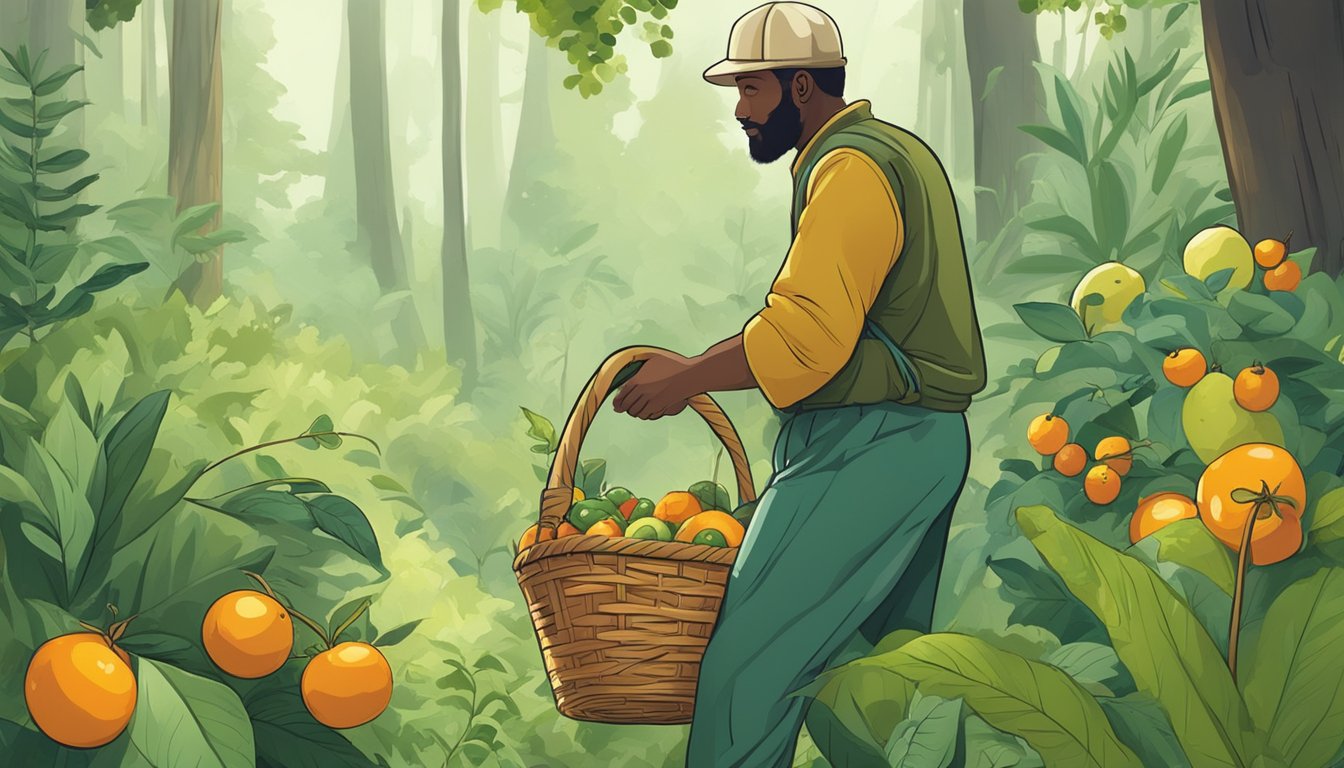 A figure gathering wild fruits in a lush forest, surrounded by various plants and trees. They carry a basket for collecting and wear protective clothing