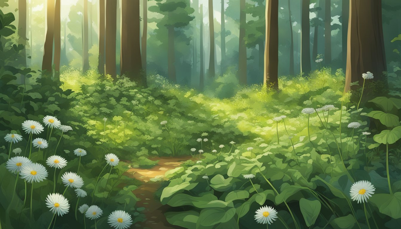 A lush forest floor filled with a variety of wild greens, including dandelion, nettle, and chickweed, surrounded by trees and sunlight filtering through the leaves