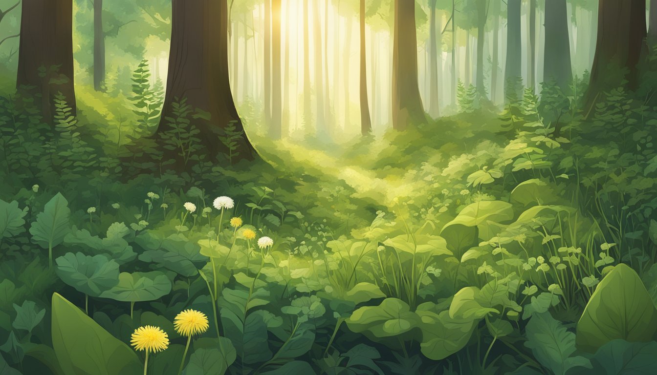 A forest floor with various wild greens and herbs, including dandelion, nettle, and chickweed, surrounded by trees and sunlight filtering through the leaves