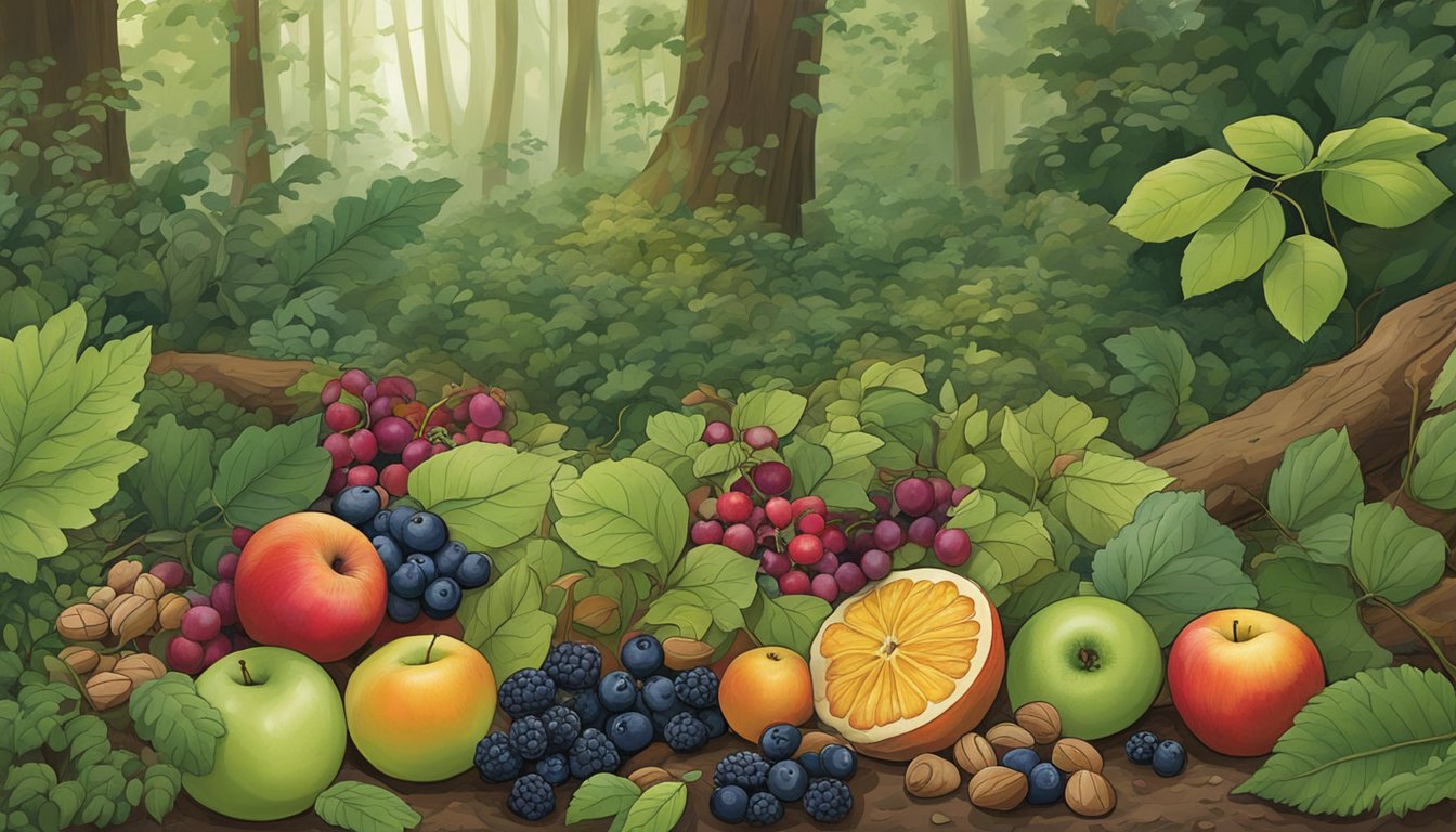 A lush forest floor with various wild fruits growing among the foliage, including berries, apples, and nuts. A beginner forager carefully examines and harvests the ripe fruits, taking note of their surroundings