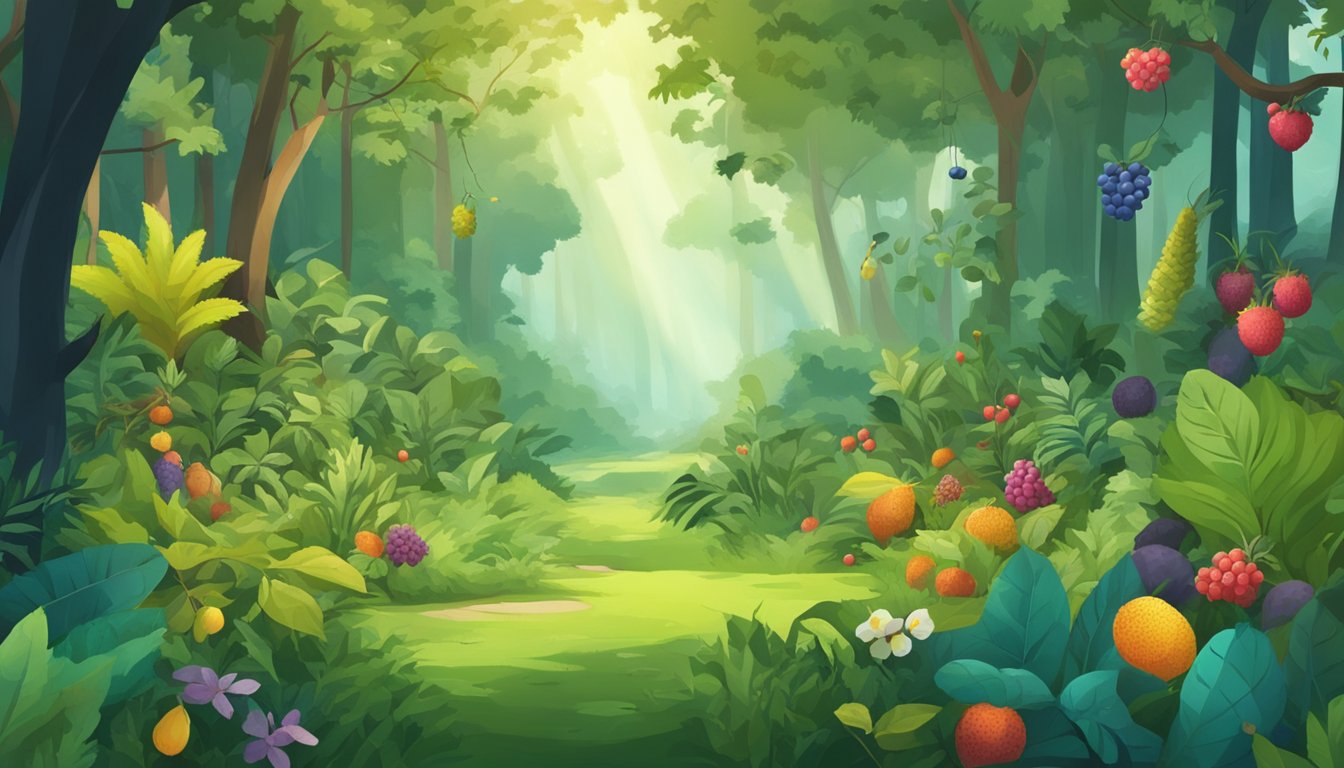 A lush forest with various wild fruits scattered on the ground and hanging from trees, surrounded by diverse plant and animal life