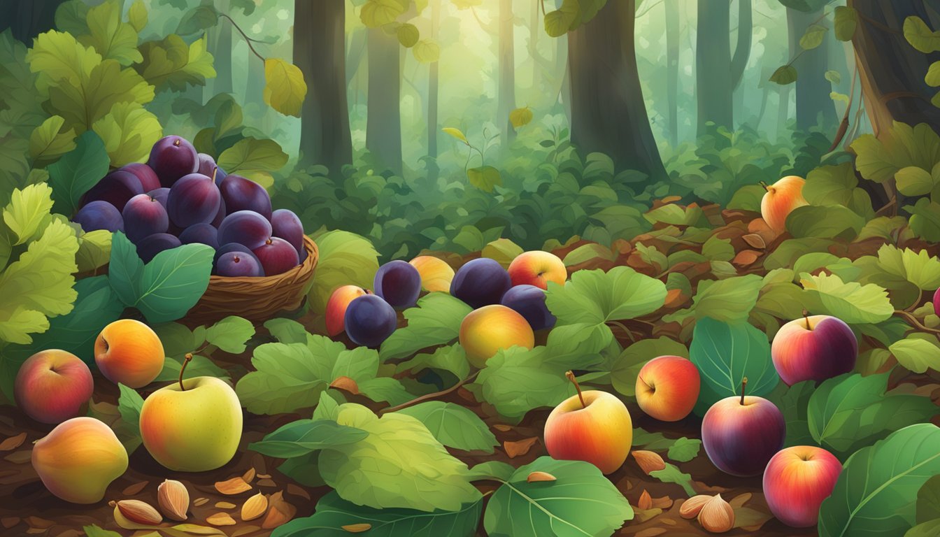 A lush forest floor with a variety of wild fruits such as apples, plums, and figs growing amongst the foliage and fallen leaves