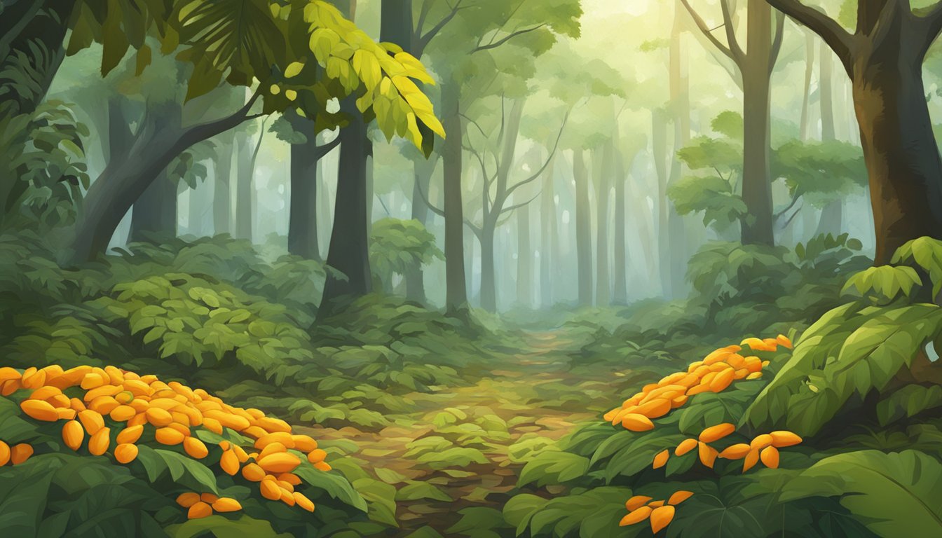 A lush forest floor with ripe pawpaws scattered among the fallen leaves, surrounded by tall pawpaw trees with broad, tropical-looking leaves