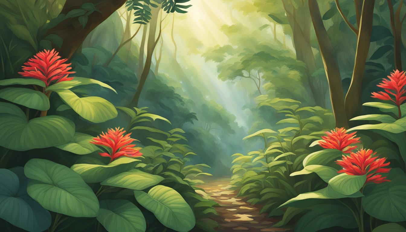 Sunlight filters through the dense forest canopy, illuminating a lush patch of wild ginger plants. A small animal scurries nearby as the delicate leaves and vibrant red flowers of the ginger create a picturesque scene of conservation and sustainability