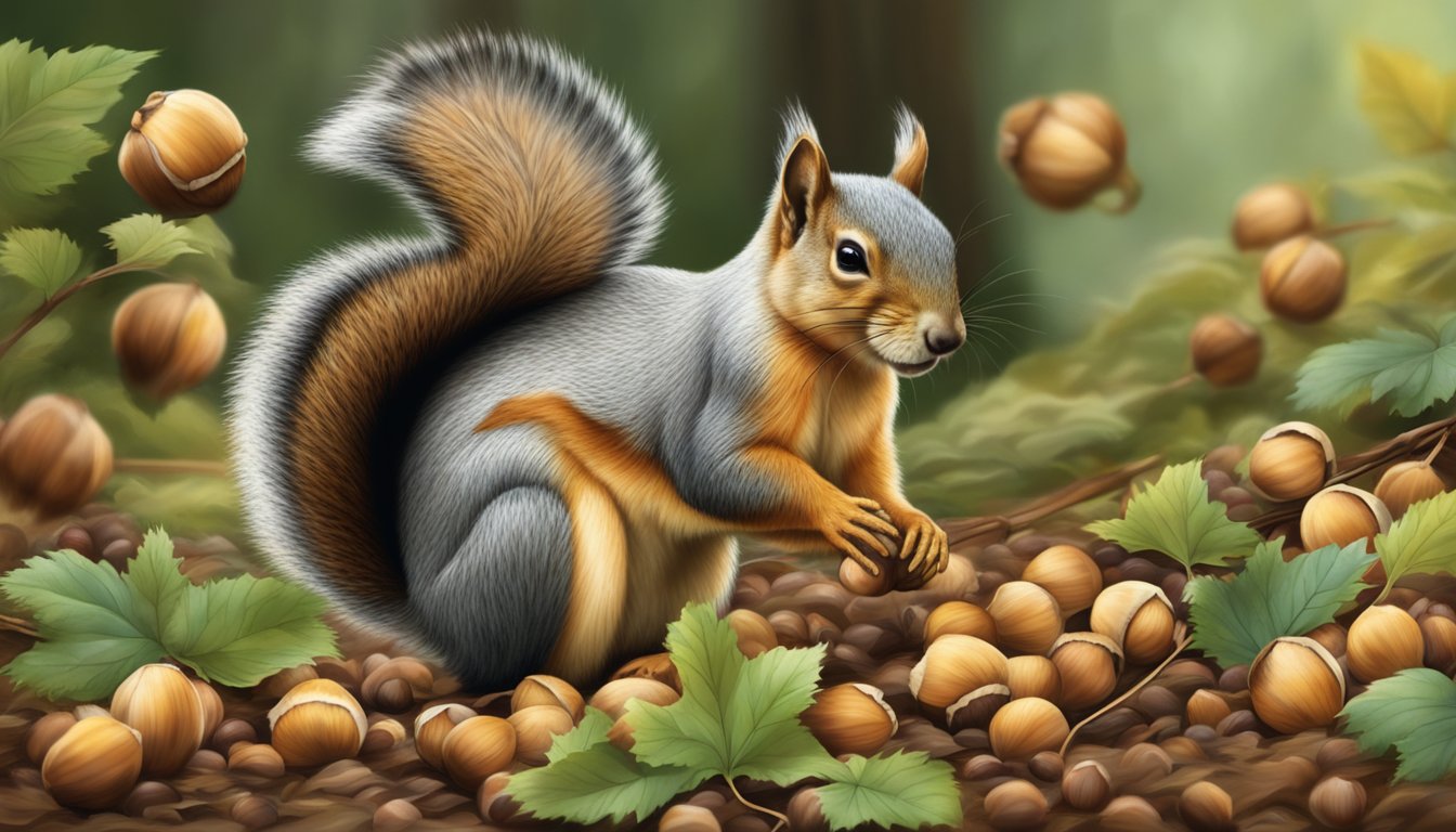 A squirrel gathering wild hazelnuts from the forest floor