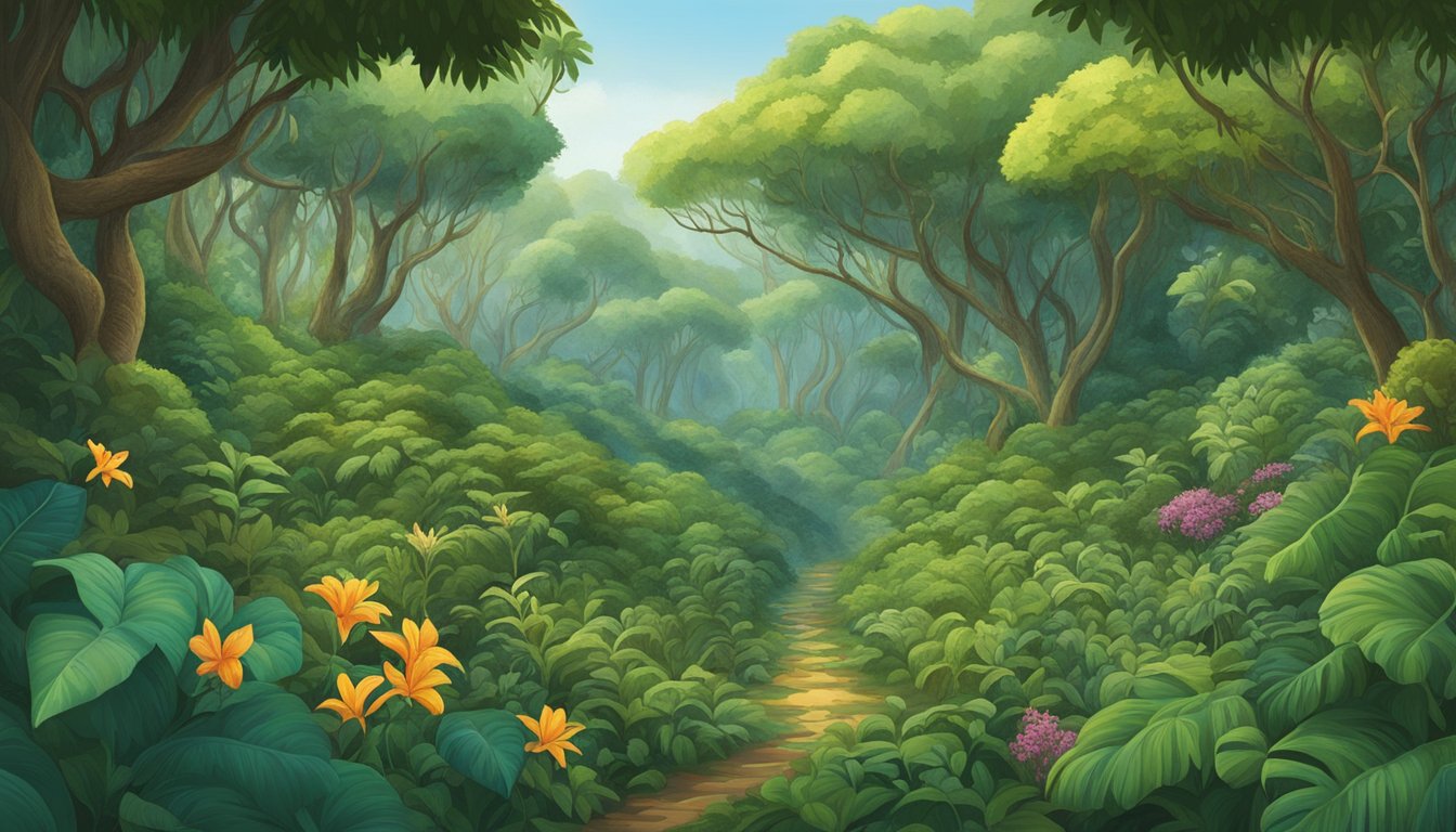 A lush forest with wild lilikoi vines weaving through the trees, surrounded by diverse plant life and teeming with small animals