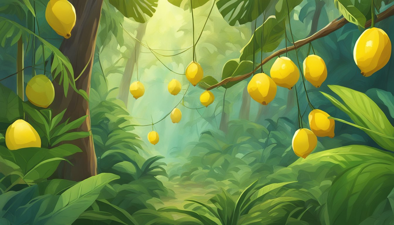 A lush tropical forest with vines and bright yellow lilikoi fruits hanging from the trees. A small animal is seen foraging for the fruits while being cautious of its surroundings